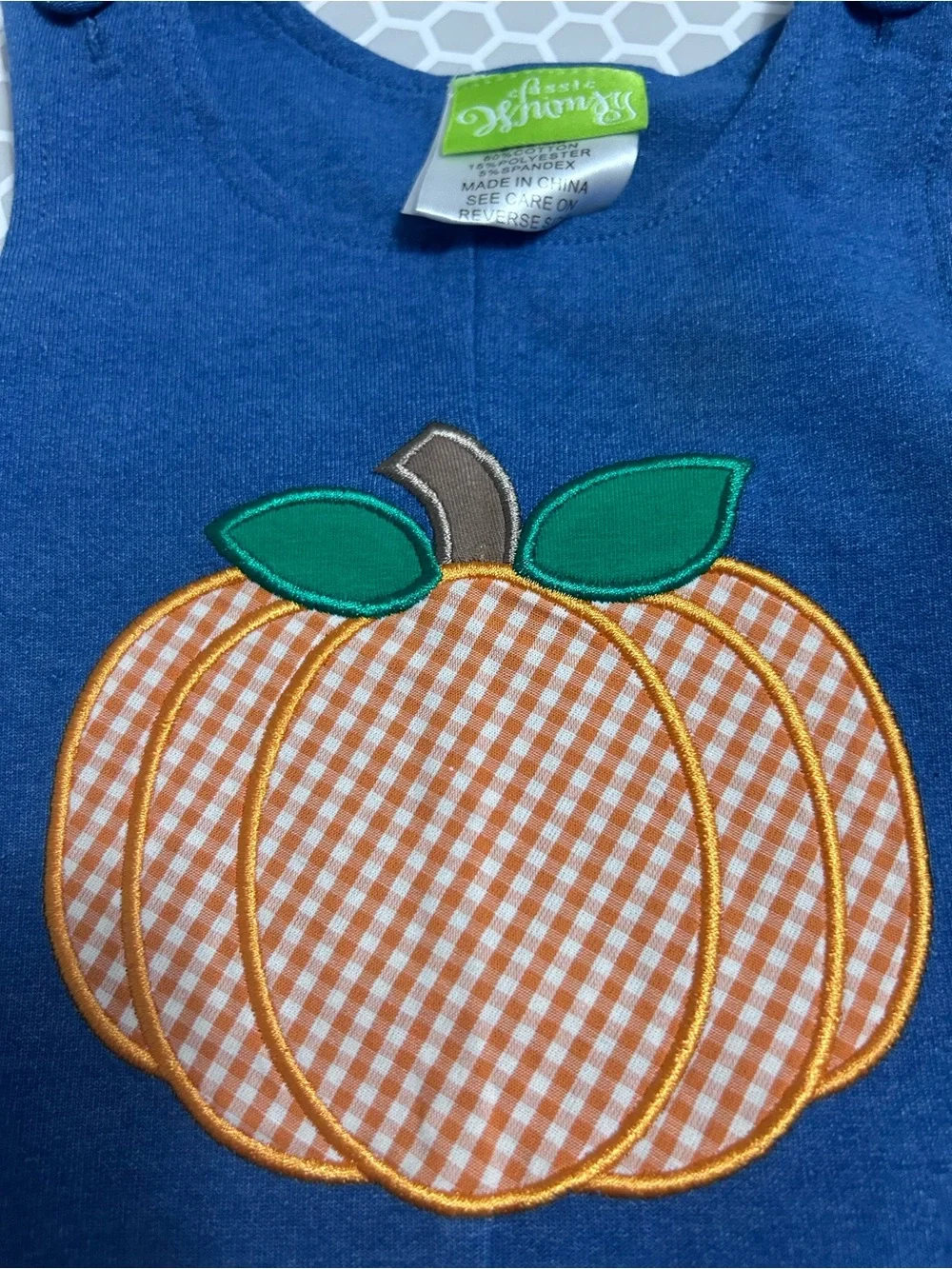 Baby Blue Pumpkin Appliqué Short Sleeve Romper. Size 9M